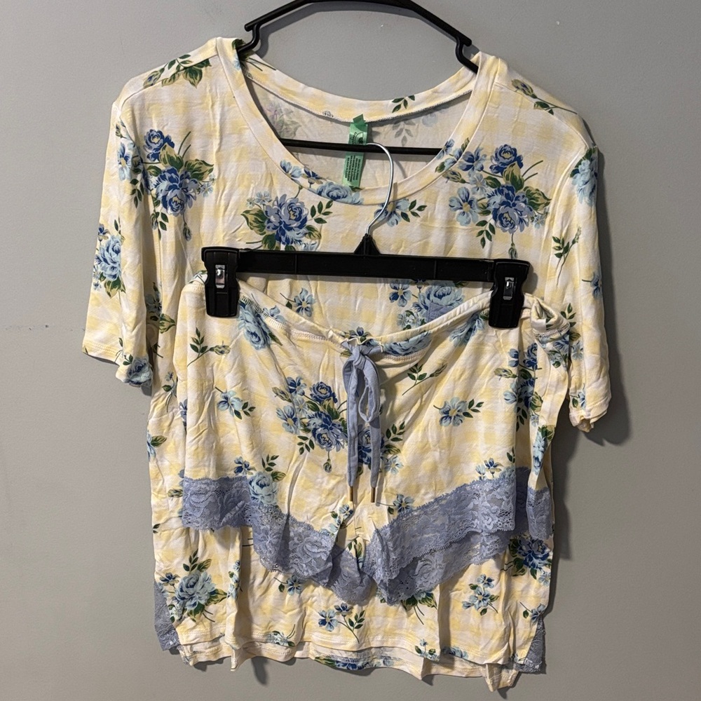NWOT Honeydew Something Sweet Shortie Set Yellow and Blue Floral Lace Rayon